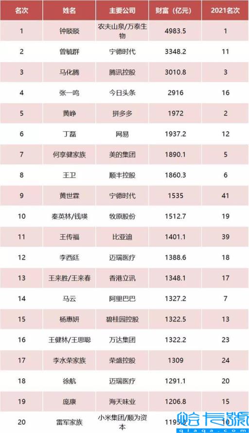 中国富豪榜2022排行榜最新100名，胡润榜2022中国最新排名(附2022年最新排行榜前十名单)